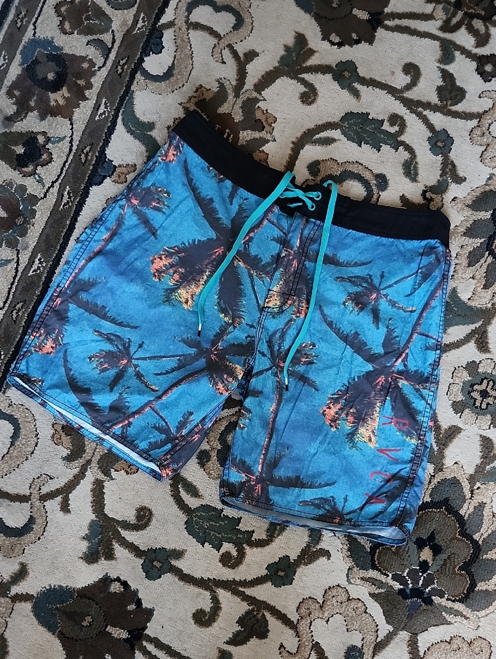 RVCA Turquoise Palm-Print Swim Shorts with Black Waistband